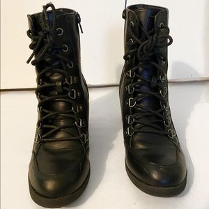 GUESS black medium heel lace up combat boots